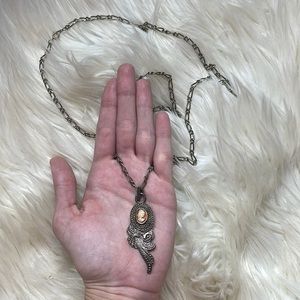 Vintage vtg cameo long chain silver colored red girl brooch necklace antique